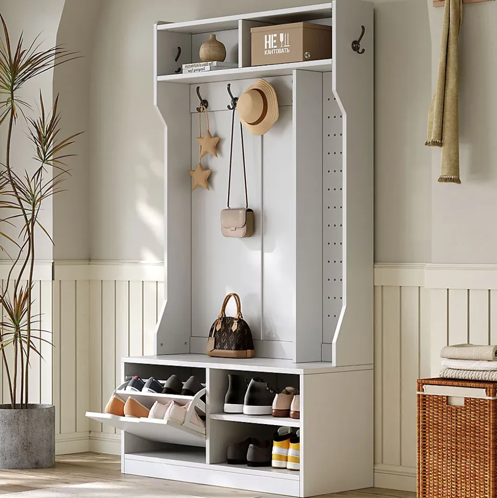 Vestiaire d'Entrée avec Banc, 1 Porte, 4 Niches, 6 Crochets - Meuble de Rangement en Panneau de Particules, 100x40x185,5 cm, Blanc