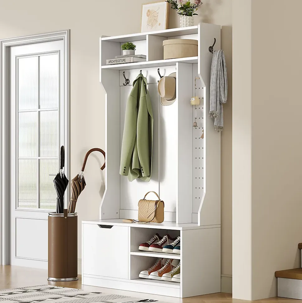 Vestiaire d'Entrée avec Banc, 1 Porte, 4 Niches, 6 Crochets - Meuble de Rangement en Panneau de Particules, 100x40x185,5 cm, Blanc