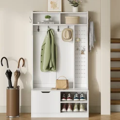 Vestiaire d'Entrée avec Banc, 1 Porte, 4 Niches, 6 Crochets - Meuble de Rangement en Panneau de Particules, 100x40x185,5 cm, Blanc