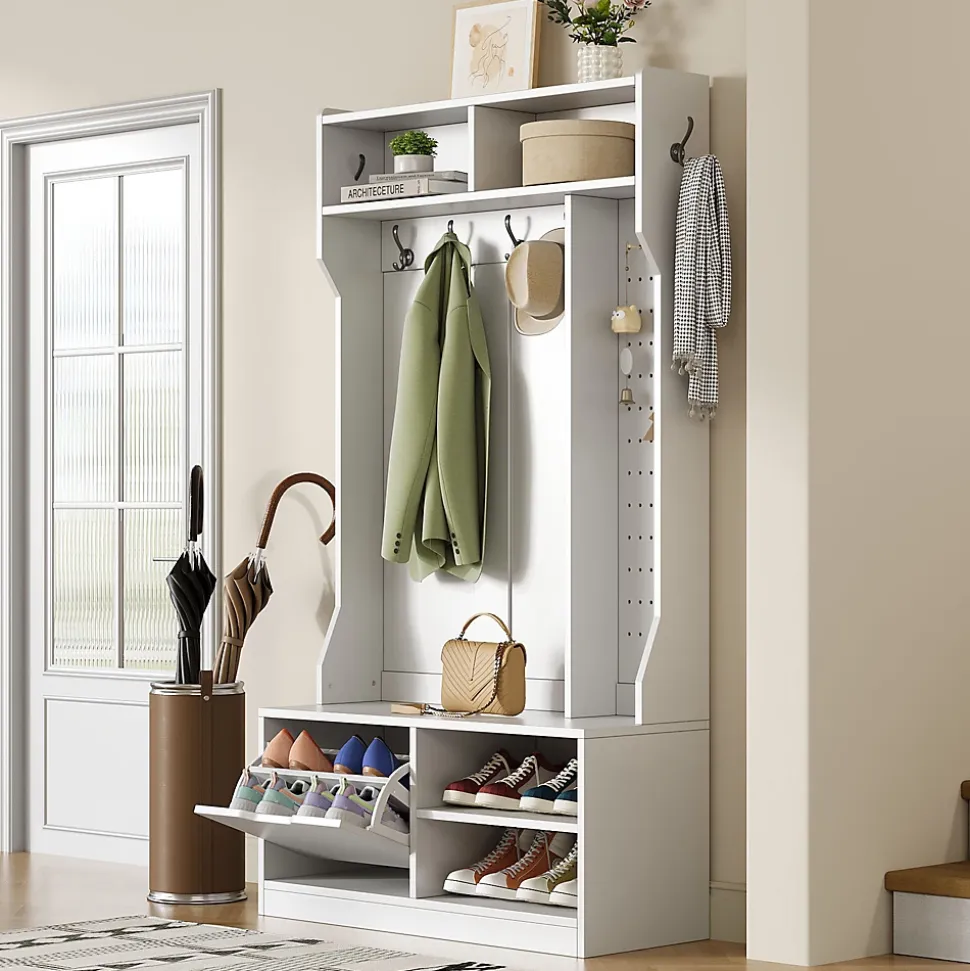 Vestiaire d'Entrée avec Banc, 1 Porte, 4 Niches, 6 Crochets - Meuble de Rangement en Panneau de Particules, 100x40x185,5 cm, Blanc