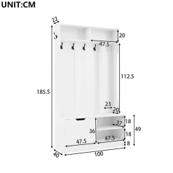 Vestiaire d'Entrée avec Banc, 1 Porte, 4 Niches, 6 Crochets - Meuble de Rangement en Panneau de Particules, 100x40x185,5 cm, Blanc