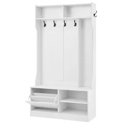 Vestiaire d'Entrée avec Banc, 1 Porte, 4 Niches, 6 Crochets - Meuble de Rangement en Panneau de Particules, 100x40x185,5 cm, Blanc