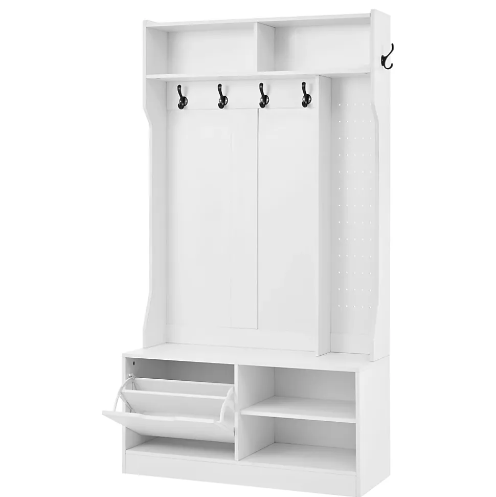 Vestiaire d'Entrée avec Banc, 1 Porte, 4 Niches, 6 Crochets - Meuble de Rangement en Panneau de Particules, 100x40x185,5 cm, Blanc