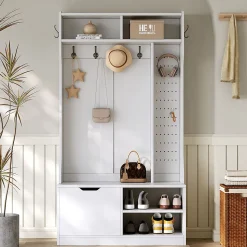 Vestiaire d'Entrée avec Banc, 1 Porte, 4 Niches, 6 Crochets - Meuble de Rangement en Panneau de Particules, 100x40x185,5 cm, Blanc