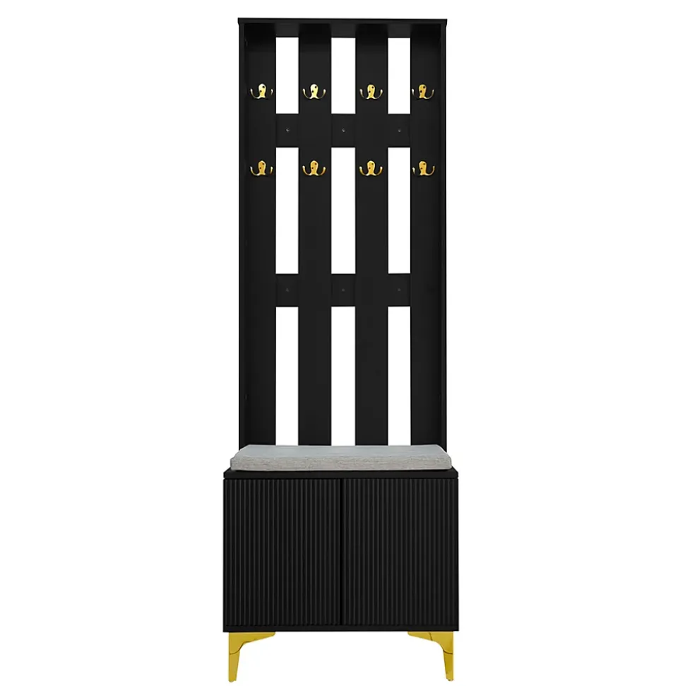 Vestiaire d'entrée avec Banc à Chaussures - Panneau Mural avec Crochets - Panneau de Particules - Noir - 60,5x35,2x180,5 cm