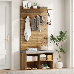 Vestiaire d'entrée avec Banc à Chaussures, Étagère Ajustable et Barre de Vêtements, Panneau de Particules - Naturel - 84x35x175 cm