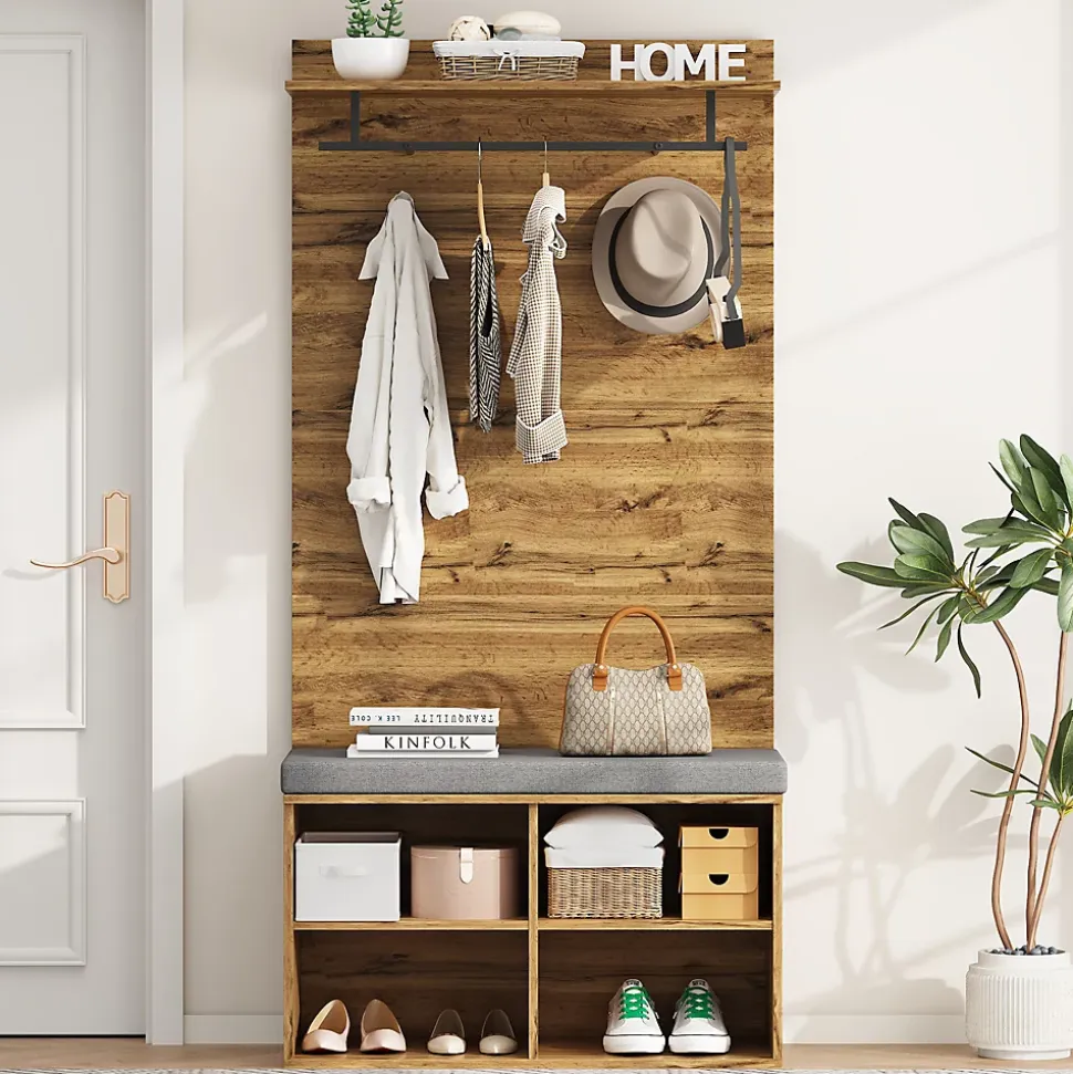 Vestiaire d'entrée avec Banc à Chaussures, Étagère Ajustable et Barre de Vêtements, Panneau de Particules - Naturel - 84x35x175 cm