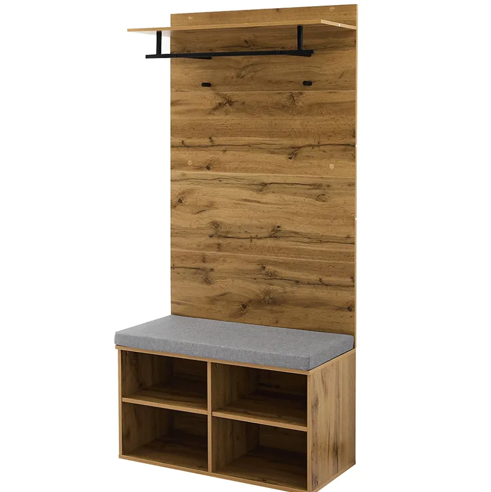 Vestiaire d'entrée avec Banc à Chaussures, Étagère Ajustable et Barre de Vêtements, Panneau de Particules - Naturel - 84x35x175 cm