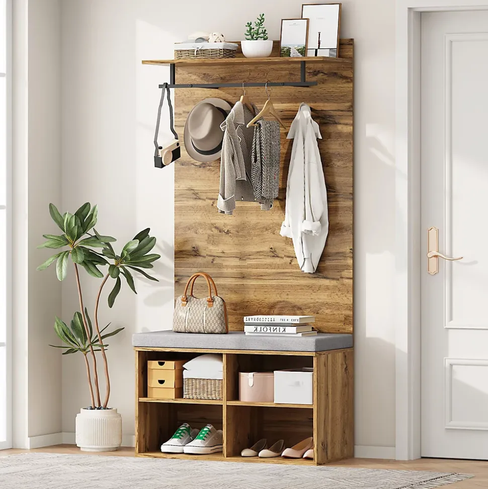 Vestiaire d'entrée avec Banc à Chaussures, Étagère Ajustable et Barre de Vêtements, Panneau de Particules - Naturel - 84x35x175 cm