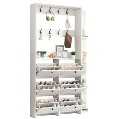 Vestiaire d'Entrée avec Meuble à Chaussures et Porte-Manteau à 8 Crochets, Rangement à Étagères Ouvertes - 120x24x200 cm - Blanc
