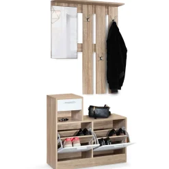Vestiaire d'entrée avec miroir PAULIN design hêtre portes blanches