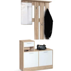 Vestiaire d'entrée avec miroir PAULIN design hêtre portes blanches