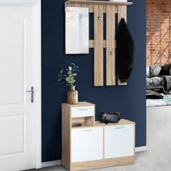 Vestiaire d'entrée avec miroir PAULIN design hêtre portes blanches