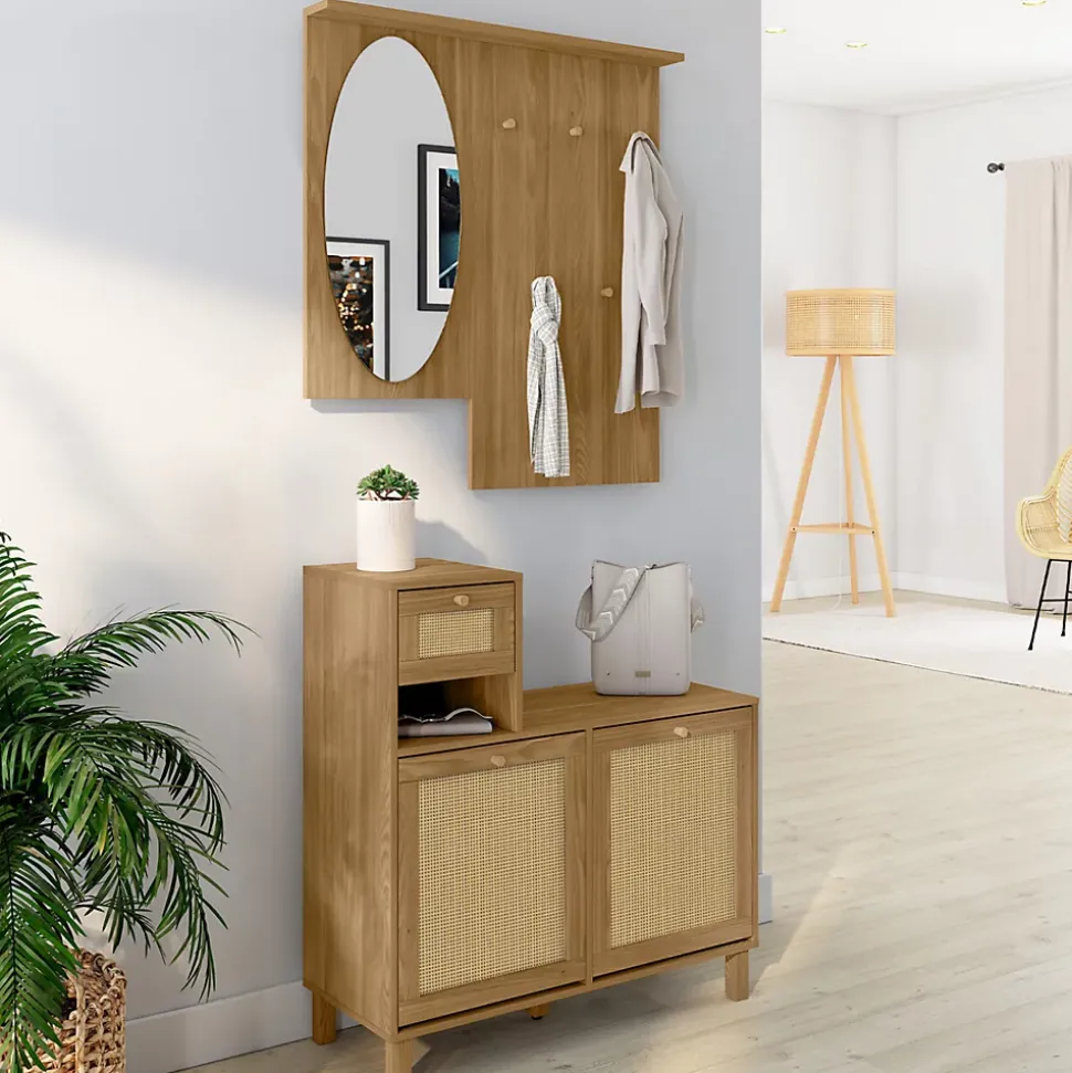 Vestiaire d'entrée avec miroir HANAE effet naturel cannage