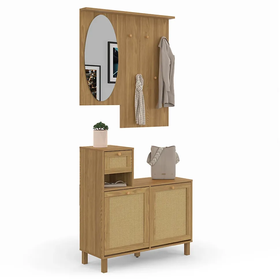 Vestiaire d'entrée avec miroir HANAE effet naturel cannage