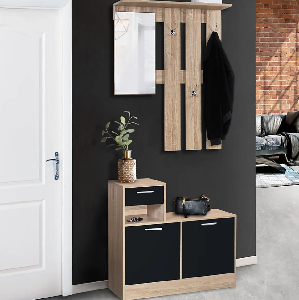 Vestiaire d'entrée avec miroir PAULIN design hêtre portes noires