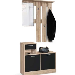 Vestiaire d'entrée avec miroir PAULIN design hêtre portes noires