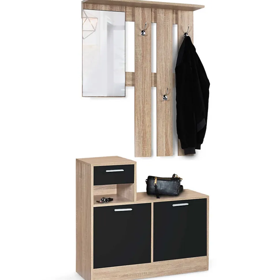 Vestiaire d'entrée avec miroir PAULIN design hêtre portes noires