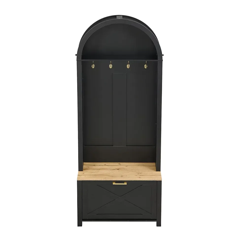 Vestiaire d'entrée avec Patères et Étagères - Meuble d'entrée Multifonction en MDF, Noir+Naturel, 75x35x195 cm