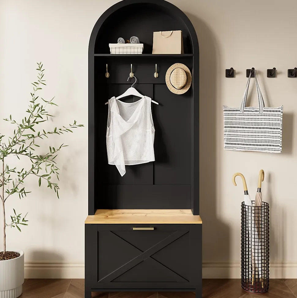 Vestiaire d'entrée avec Patères et Étagères - Meuble d'entrée Multifonction en MDF, Noir+Naturel, 75x35x195 cm