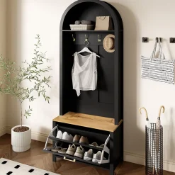 Vestiaire d'entrée avec Patères et Étagères - Meuble d'entrée Multifonction en MDF, Noir+Naturel, 75x35x195 cm