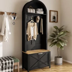Vestiaire d'entrée avec Patères et Étagères - Meuble d'entrée Multifonction en MDF, Noir+Naturel, 75x35x195 cm