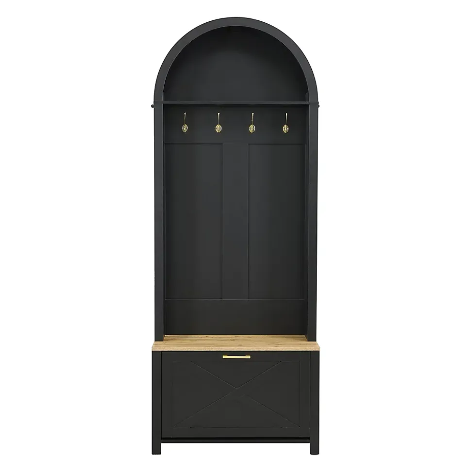 Vestiaire d'entrée avec Patères et Étagères - Meuble d'entrée Multifonction en MDF, Noir+Naturel, 75x35x195 cm