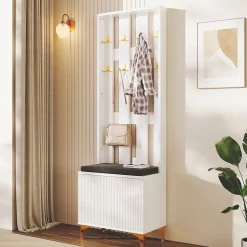 Vestiaire d'entrée, Banc et Coussin, Meuble d'entrée avec Crochets et Chaussures, Panneaux de Particules, Blanc, 60,5x35x180,5 cm