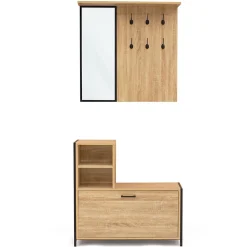 Vestiaire d'entrée DETROIT avec miroir et range-chaussures design industriel