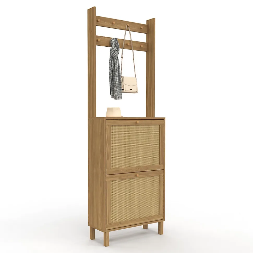 Vestiaire d'entrée HANAE meuble chaussures 2 portes effet naturel cannage