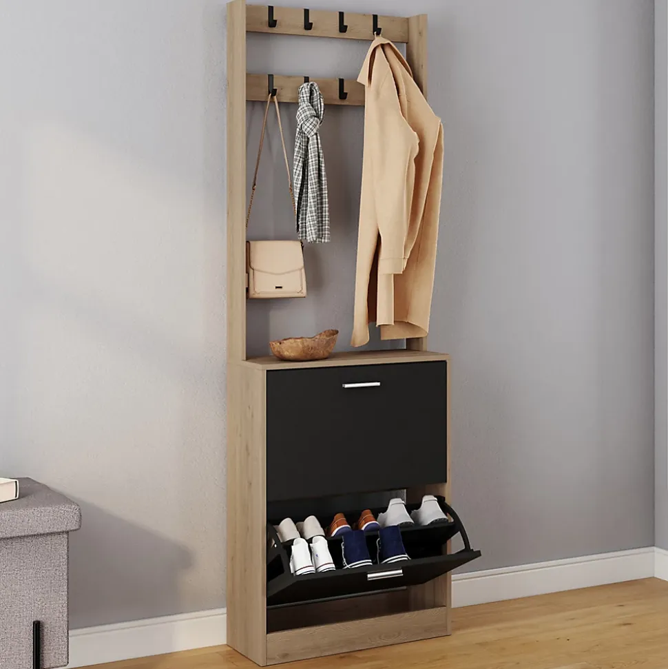 Vestiaire d'entrée KLARK meuble chaussures 2 portes effet bois et noir