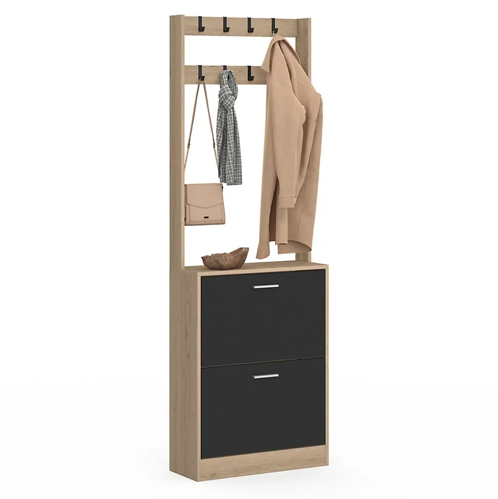 Vestiaire d'entrée KLARK meuble chaussures 2 portes effet bois et noir