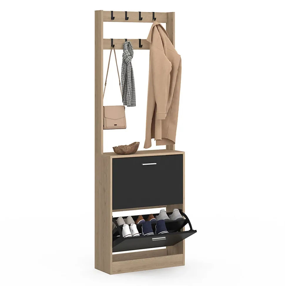 Vestiaire d'entrée KLARK meuble chaussures 2 portes effet bois et noir