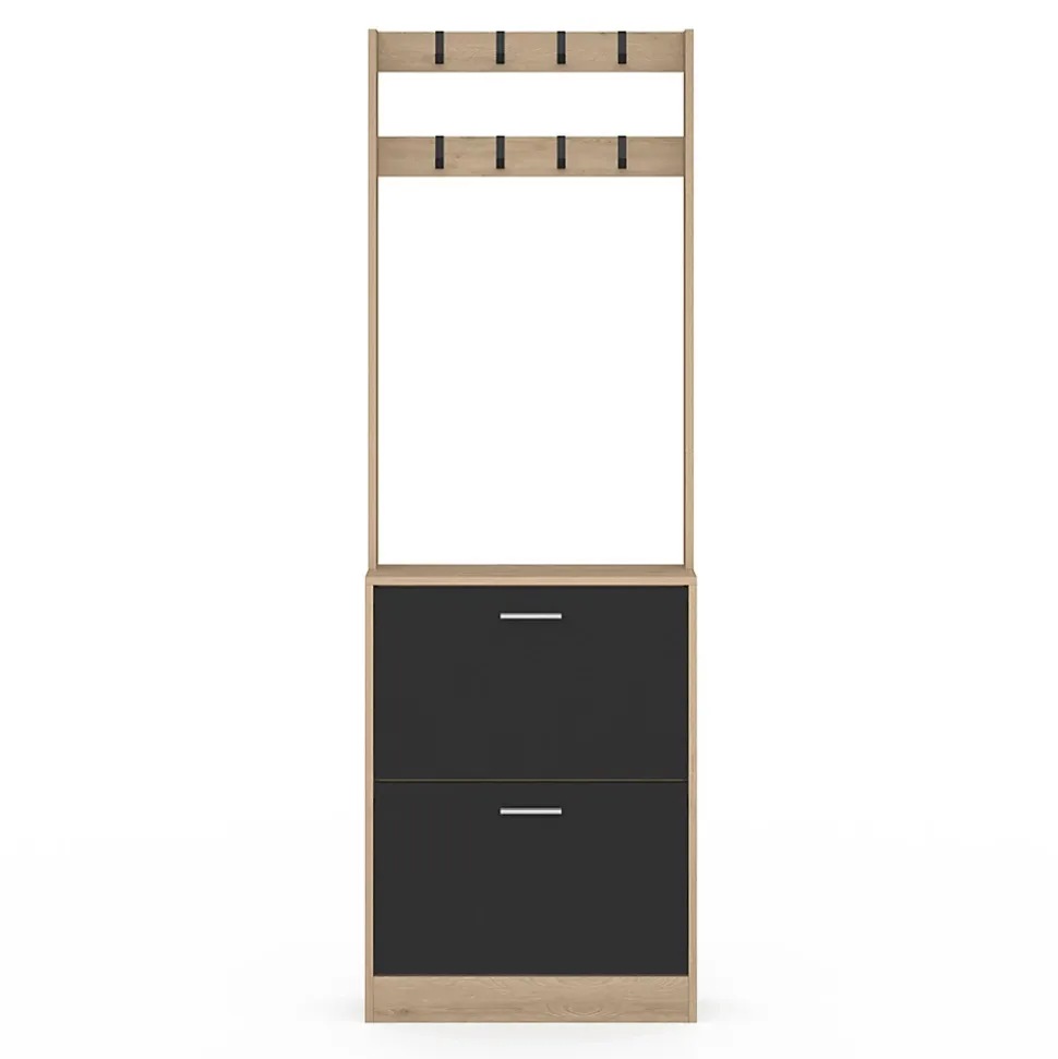 Vestiaire d'entrée KLARK meuble chaussures 2 portes effet bois et noir