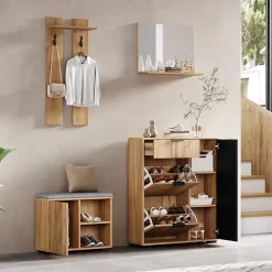 Vestiaire d'Entrée, Miroir, 4 Portes 1 Tiroir, Banc et Rangement Chaussures - Meuble d'Entrée en Panneaux de Particules - Naturel