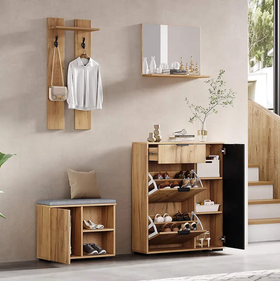Vestiaire d'Entrée, Miroir, 4 Portes 1 Tiroir, Banc et Rangement Chaussures - Meuble d'Entrée en Panneaux de Particules - Naturel