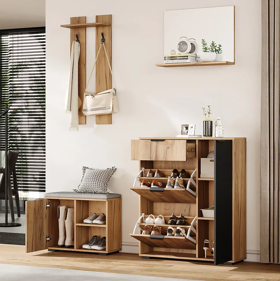 Vestiaire d'Entrée, Miroir, 4 Portes 1 Tiroir, Banc et Rangement Chaussures - Meuble d'Entrée en Panneaux de Particules - Naturel