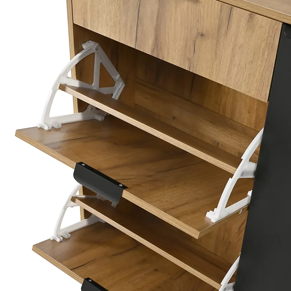Vestiaire d'Entrée, Miroir, 4 Portes 1 Tiroir, Banc et Rangement Chaussures - Meuble d'Entrée en Panneaux de Particules - Naturel