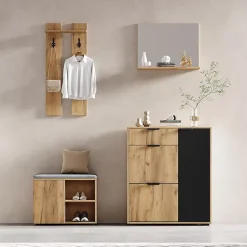 Vestiaire d'Entrée, Miroir, 4 Portes 1 Tiroir, Banc et Rangement Chaussures - Meuble d'Entrée en Panneaux de Particules - Naturel