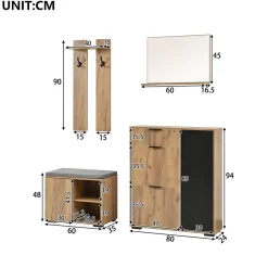 Vestiaire d'Entrée, Miroir, 4 Portes 1 Tiroir, Banc et Rangement Chaussures - Meuble d'Entrée en Panneaux de Particules - Naturel