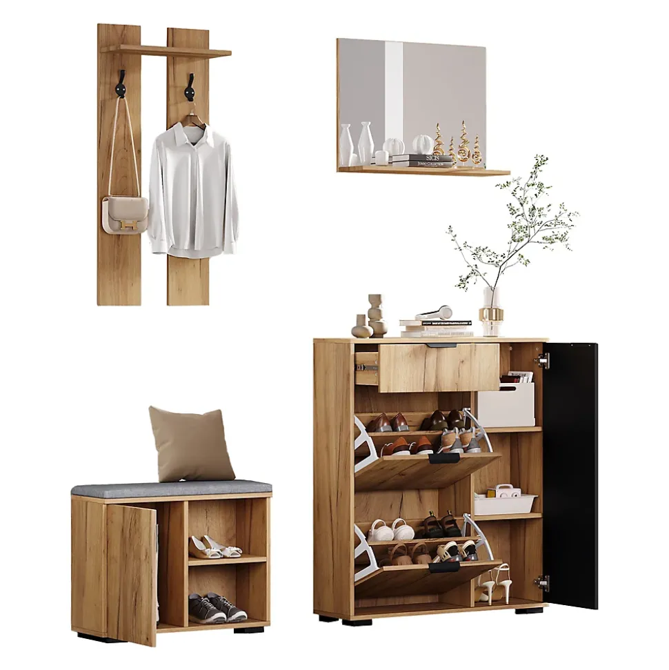 Vestiaire d'Entrée, Miroir, 4 Portes 1 Tiroir, Banc et Rangement Chaussures - Meuble d'Entrée en Panneaux de Particules - Naturel