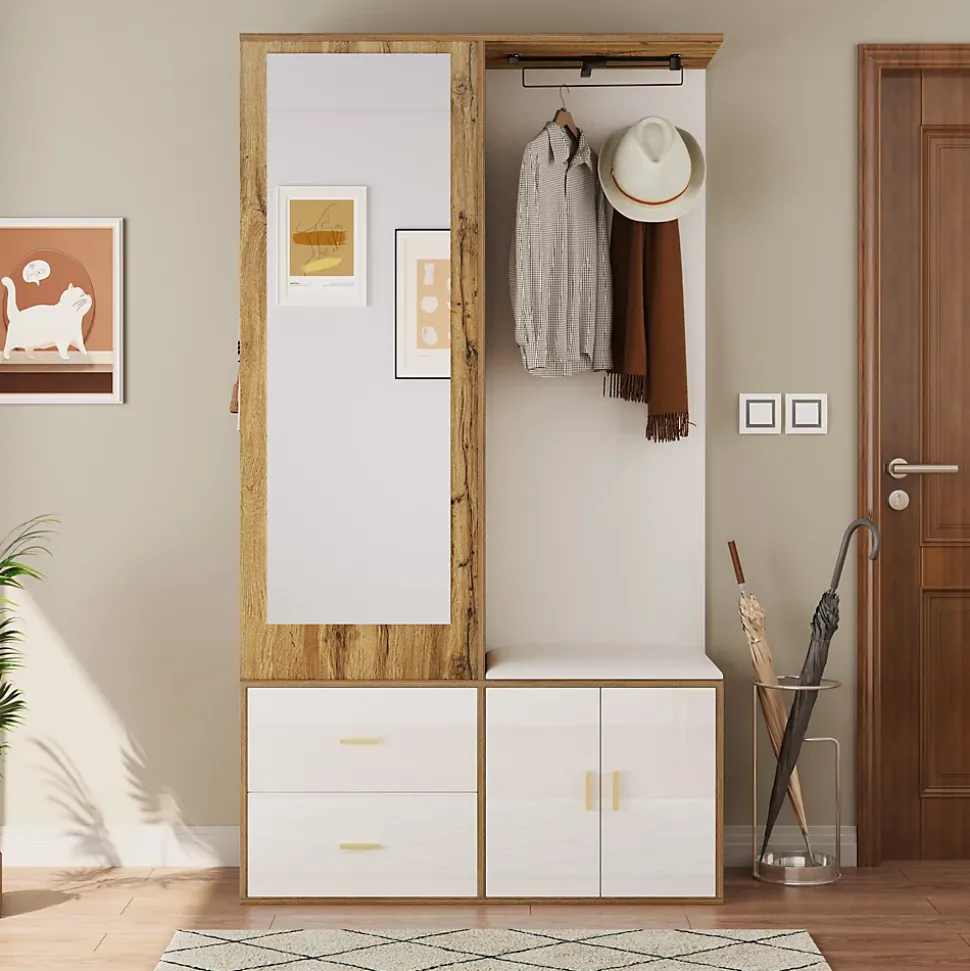 Vestiaire d'entrée Moderne avec Miroir, Banc à Chaussures, Penderie et Rangements Intégrés, Blanc et Naturel, 100x38x180 cm