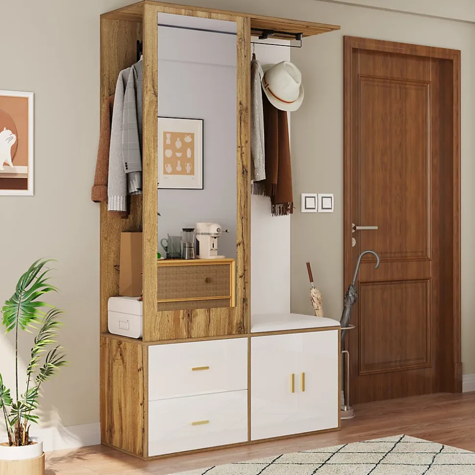 Vestiaire d'entrée Moderne avec Miroir, Banc à Chaussures, Penderie et Rangements Intégrés, Blanc et Naturel, 100x38x180 cm