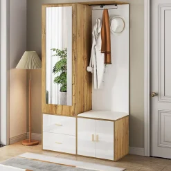 Vestiaire d'entrée Moderne avec Miroir, Banc à Chaussures, Penderie et Rangements Intégrés, Blanc et Naturel, 100x38x180 cm