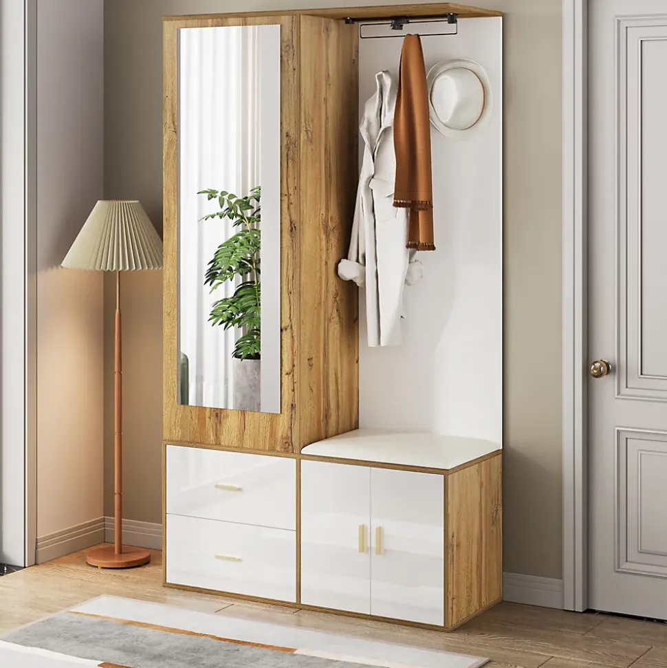Vestiaire d'entrée Moderne avec Miroir, Banc à Chaussures, Penderie et Rangements Intégrés, Blanc et Naturel, 100x38x180 cm