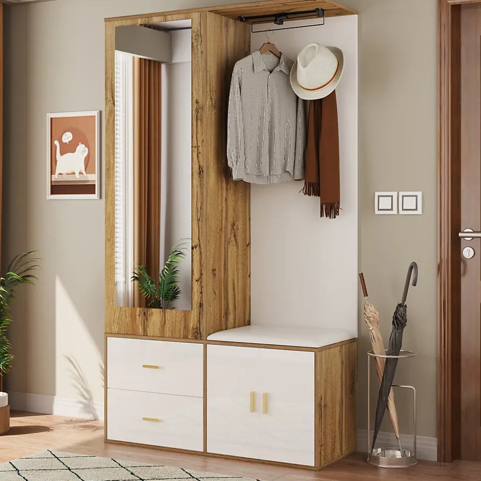 Vestiaire d'entrée Moderne avec Miroir, Banc à Chaussures, Penderie et Rangements Intégrés, Blanc et Naturel, 100x38x180 cm