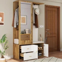 Vestiaire d'entrée Moderne avec Miroir, Banc à Chaussures, Penderie et Rangements Intégrés, Blanc et Naturel, 100x38x180 cm