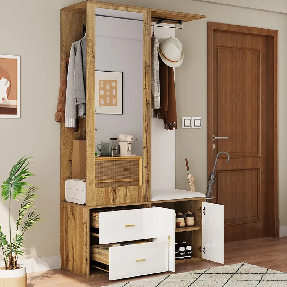 Vestiaire d'entrée Moderne avec Miroir, Banc à Chaussures, Penderie et Rangements Intégrés, Blanc et Naturel, 100x38x180 cm
