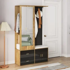 Vestiaire d'entrée Moderne avec Miroir, Banc à Chaussures, Penderie et Rangements Intégrés, Noir et Naturel, 100x38x180 cm