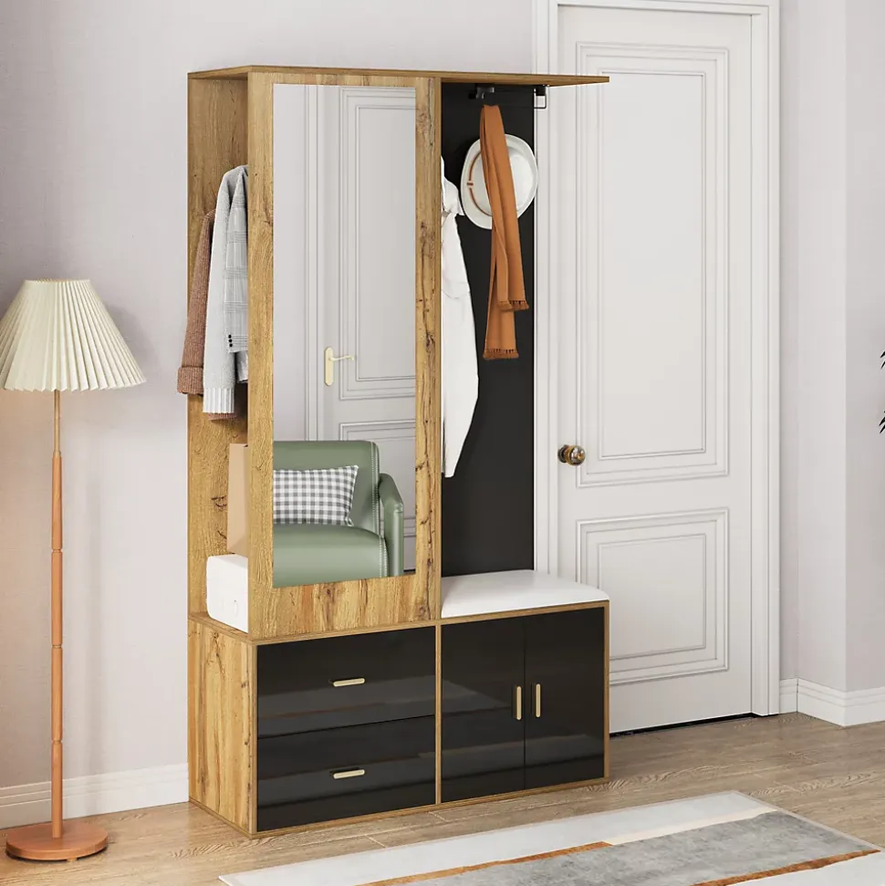 Vestiaire d'entrée Moderne avec Miroir, Banc à Chaussures, Penderie et Rangements Intégrés, Noir et Naturel, 100x38x180 cm